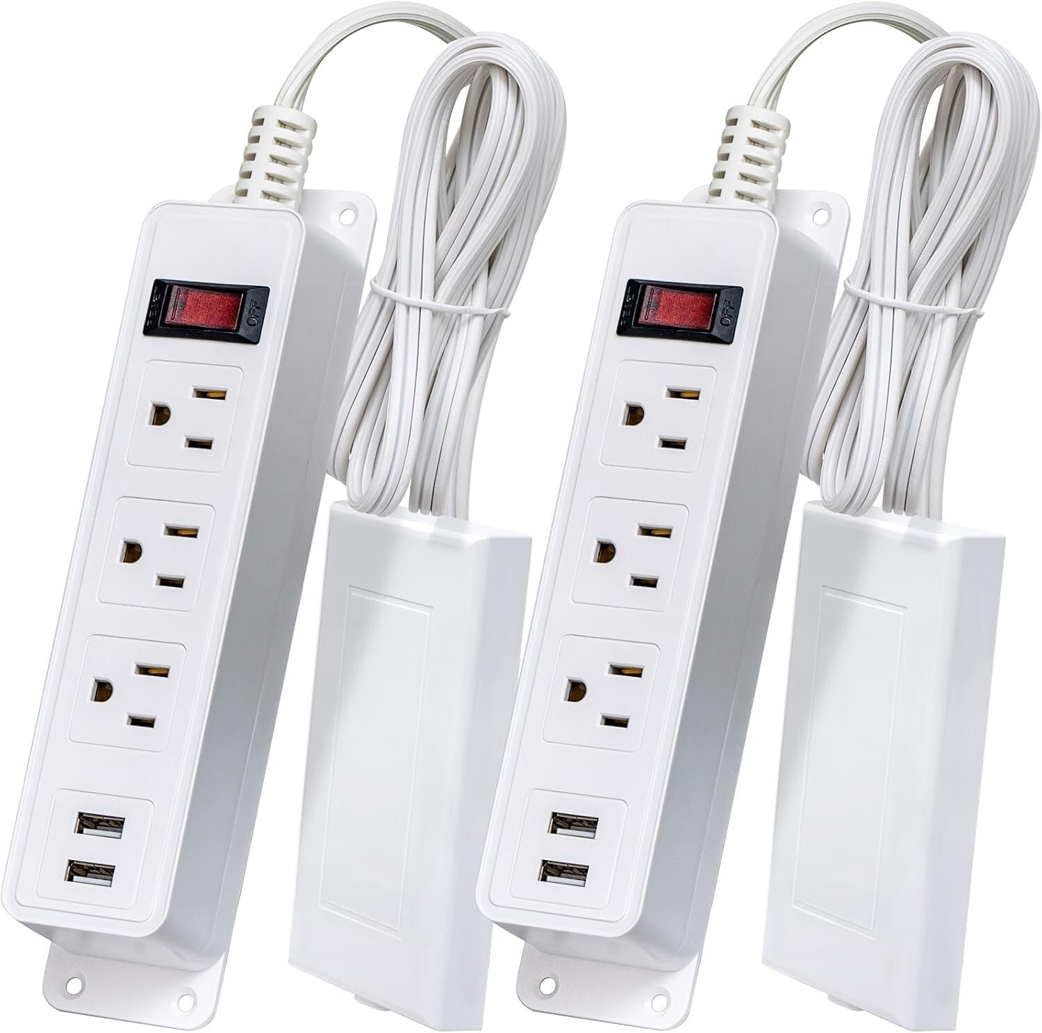 Space-Saving 6FT Power Strip with 3 Outlets, 2 USB Ports, & Safety Clips - 2Pack