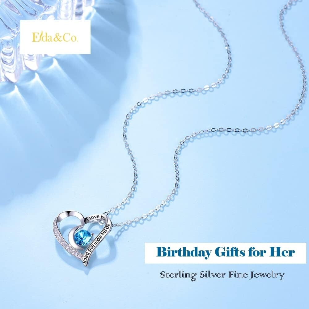 Adjustable Love Heart Necklace with Blue Aquamarine Birthstone - Special Gift