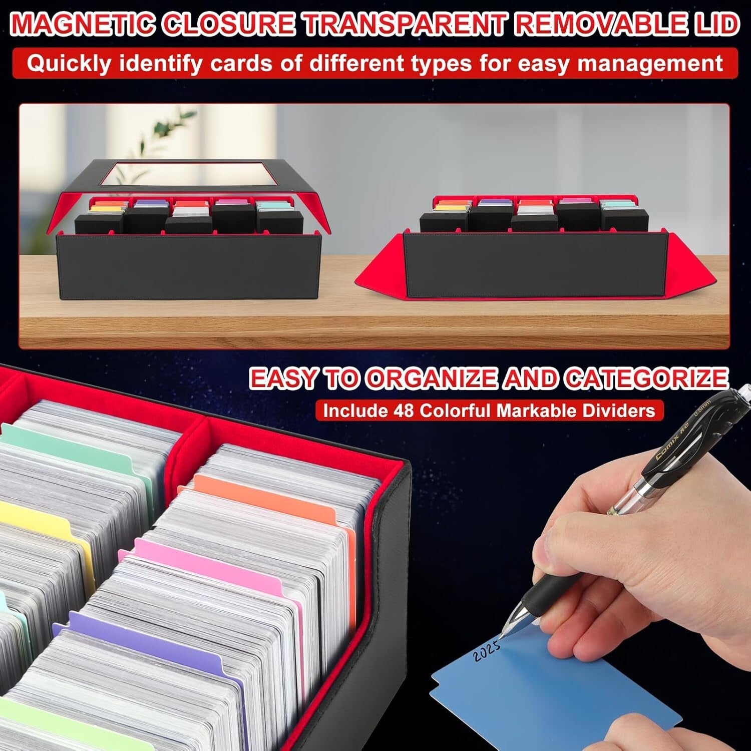 Elegant 3900+ Card Storage Box with 48 Dividers, Magnetic Closure & Foam Support