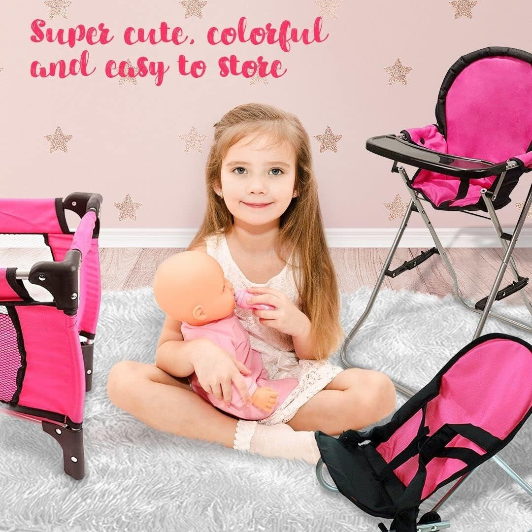 3-in-1 Pink Baby Doll Accessories Set - Crib, Bouncer & High Chair for 18" Dolls