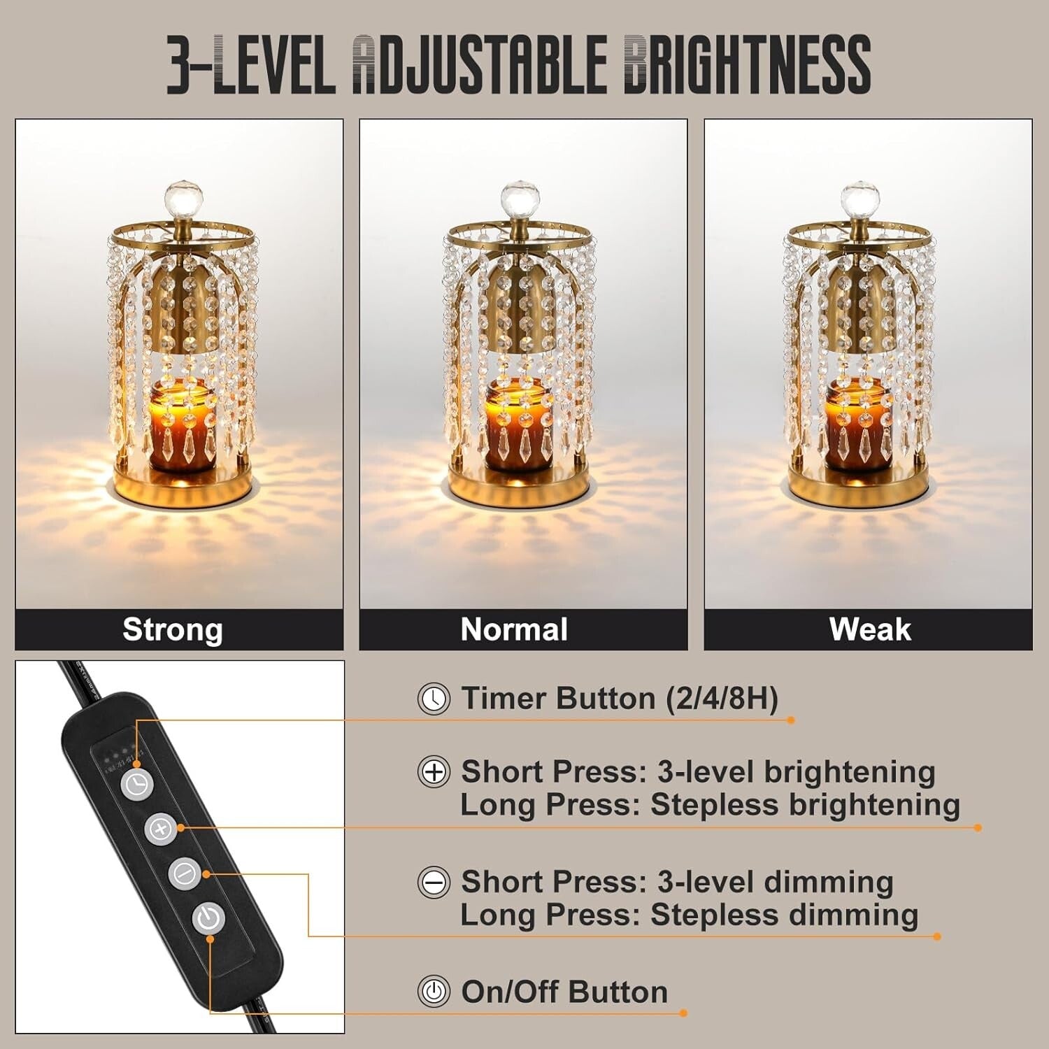 Versatile Dimmable Candle Warmer in Gold: Timer, Bulbs Included, Crystal Accents