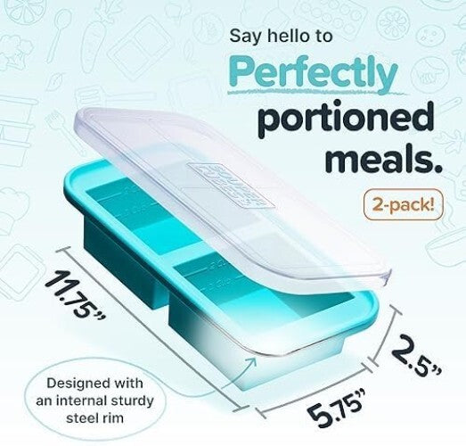Easy Meal Prepping with Aqua Silicone Freezer Trays - 2 Cup Capacity, 2-Pack