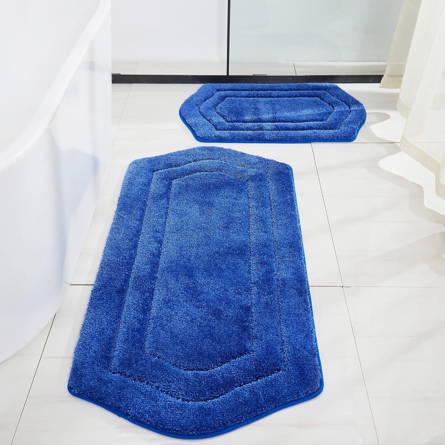 Anti-Slip Thick Bath Rug Set: Machine Washable Blue Mat 20x32 & 24x48 Inches