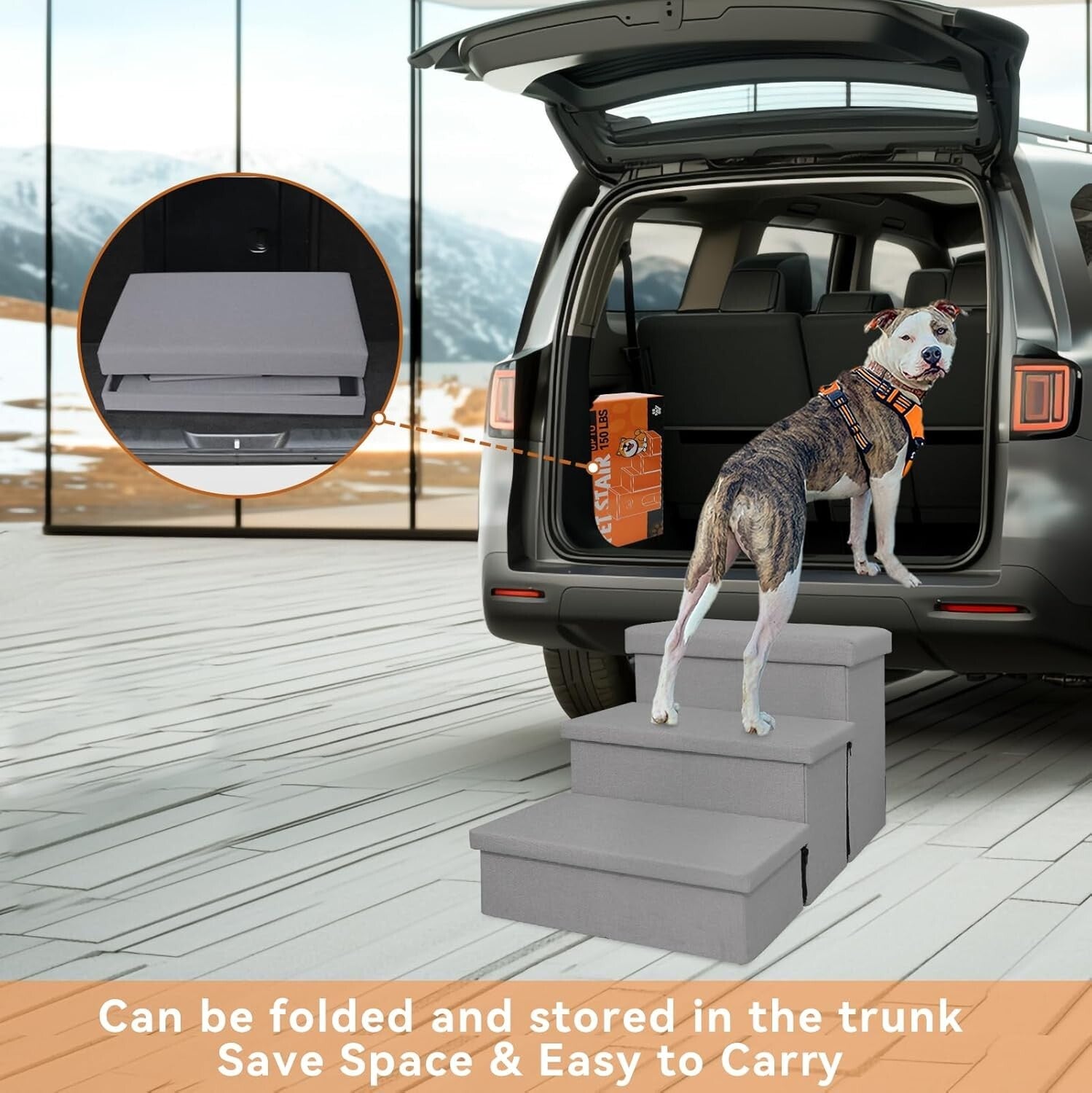 Wide Smok Gray Pet Steps - 3 Steps for High Beds & Cars, Up to 200 lbs Capacity