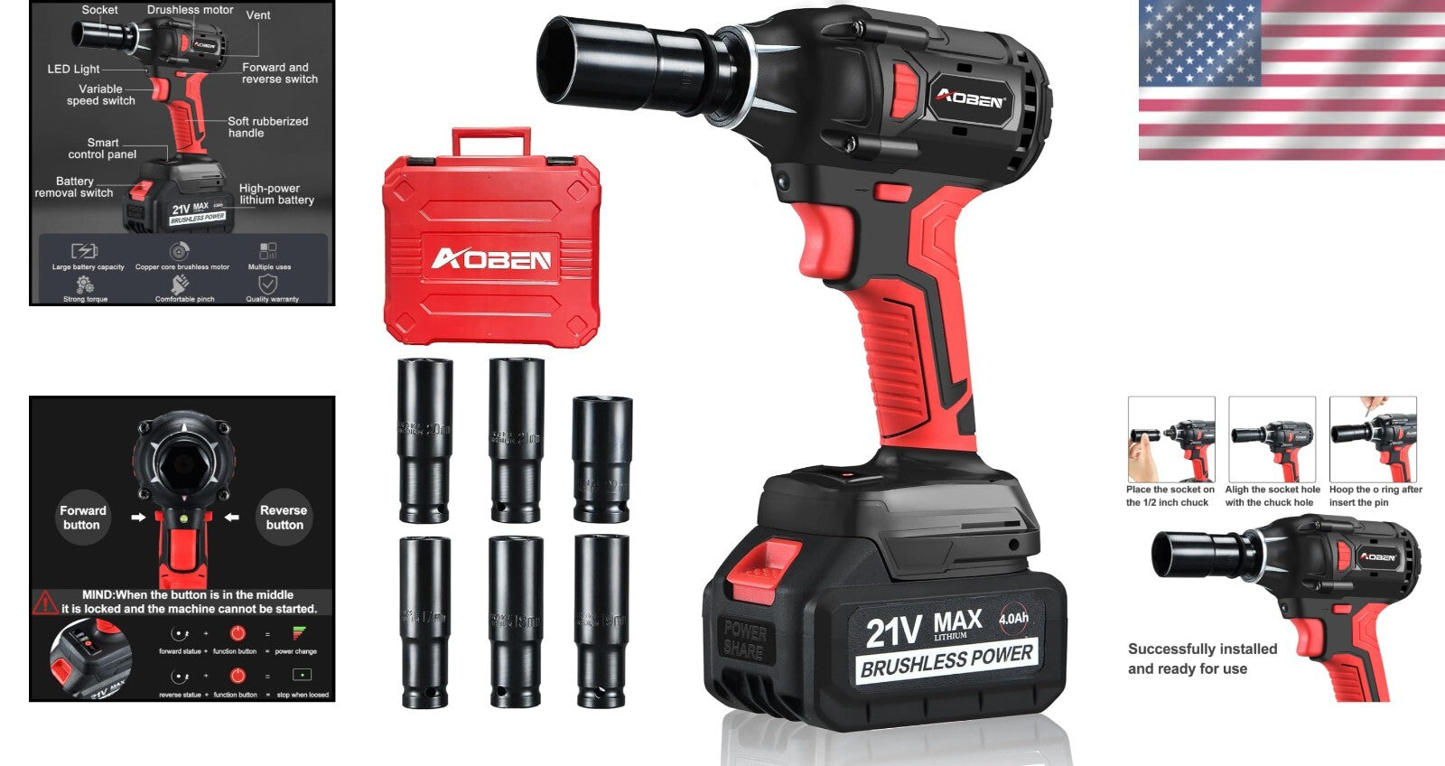 Ergonomic Cordless Impact Wrench - 400N.m Torque with 6 Sockets & Tool Bag