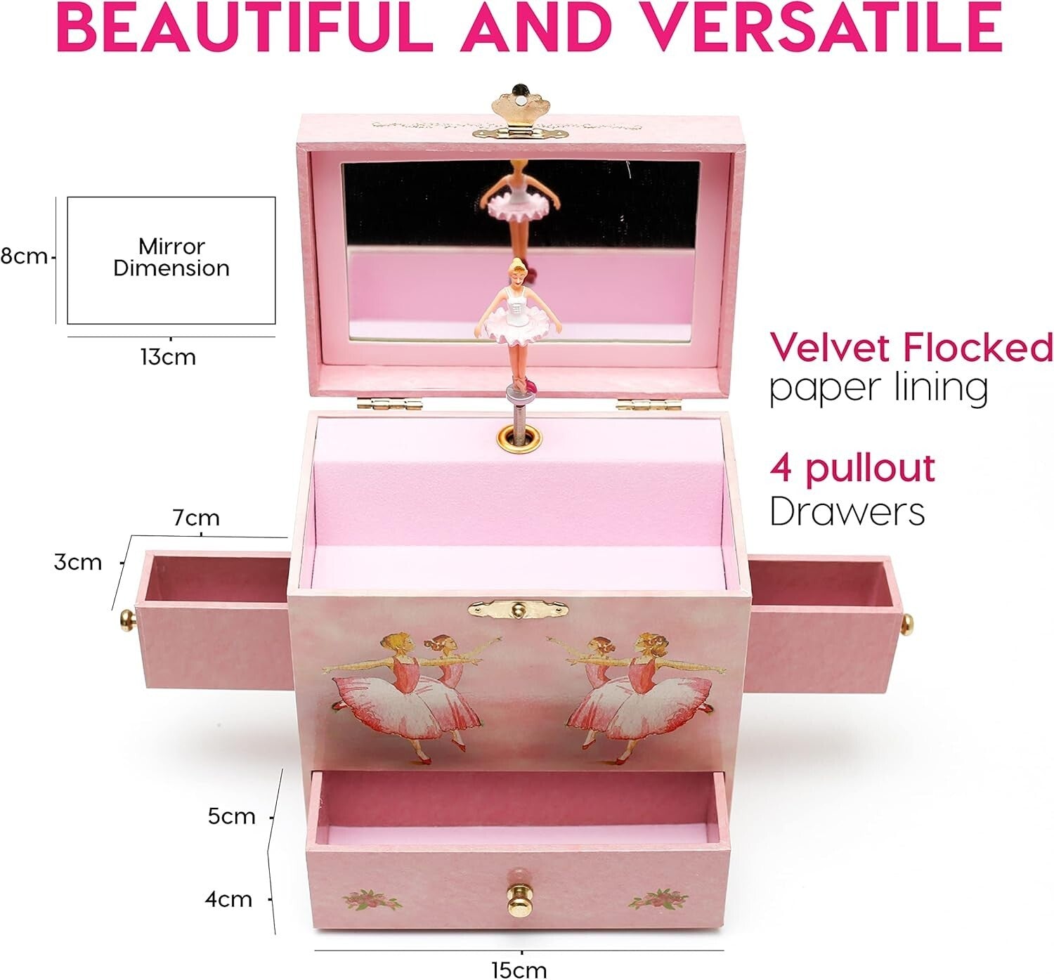Magical Musical Jewelry Box with 4 Drawers and Ballerina Figurine - Gift Ready
