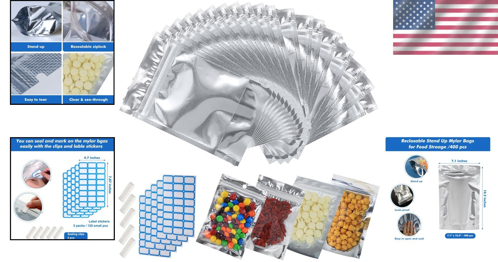 400-Pack Large Resealable Mylar Bags for Food Storage - Smell Proof & Waterproof