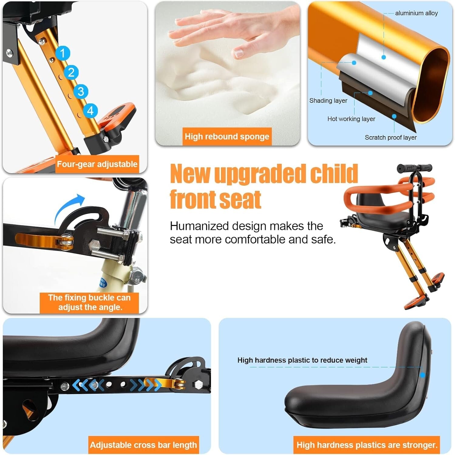 Adjustable Front Mounted Kids Bike Seat with Foot Pedals & Backrest Comfort