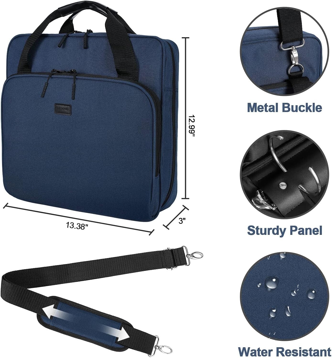 Dark Blue 3-Ring Zipper Binder with Multiple Pockets & Comfortable Strap