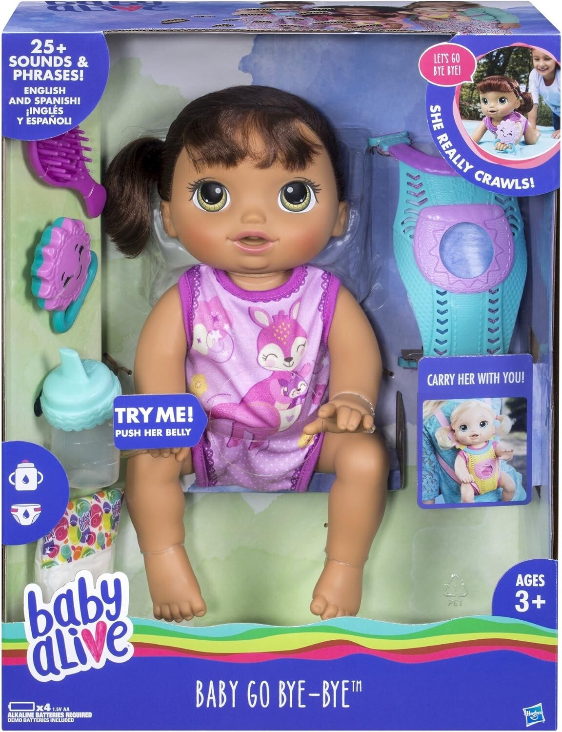 Baby Go Bye Bye Brunette - Fun Talking and Crawling Doll with Accessories