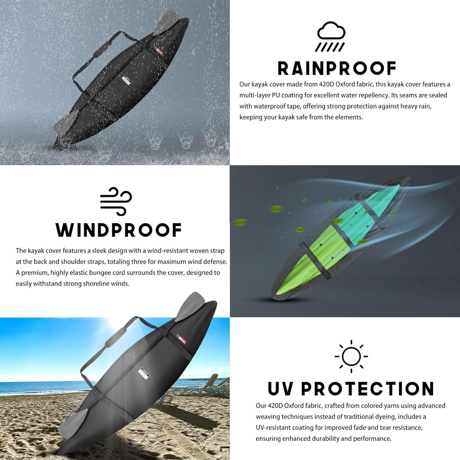 Durable 600D Waterproof Kayak Cover - Easy Carry Design for 10.8-12ft Kayaks