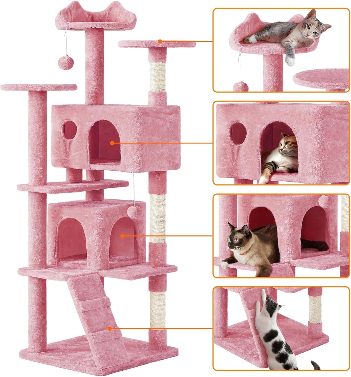 Stylish Multi-Level Cat Tree with Condos and Scratching Posts - 70in Pink