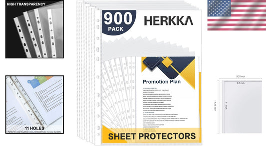 900 Pack Heavy Duty Clear Plastic Sheet Protectors for Binders, 11-Hole Design