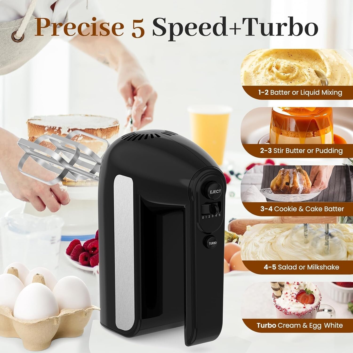 800W 5-Speed Electric Hand Mixer with Turbo and 6 Stainless Steel Attachments