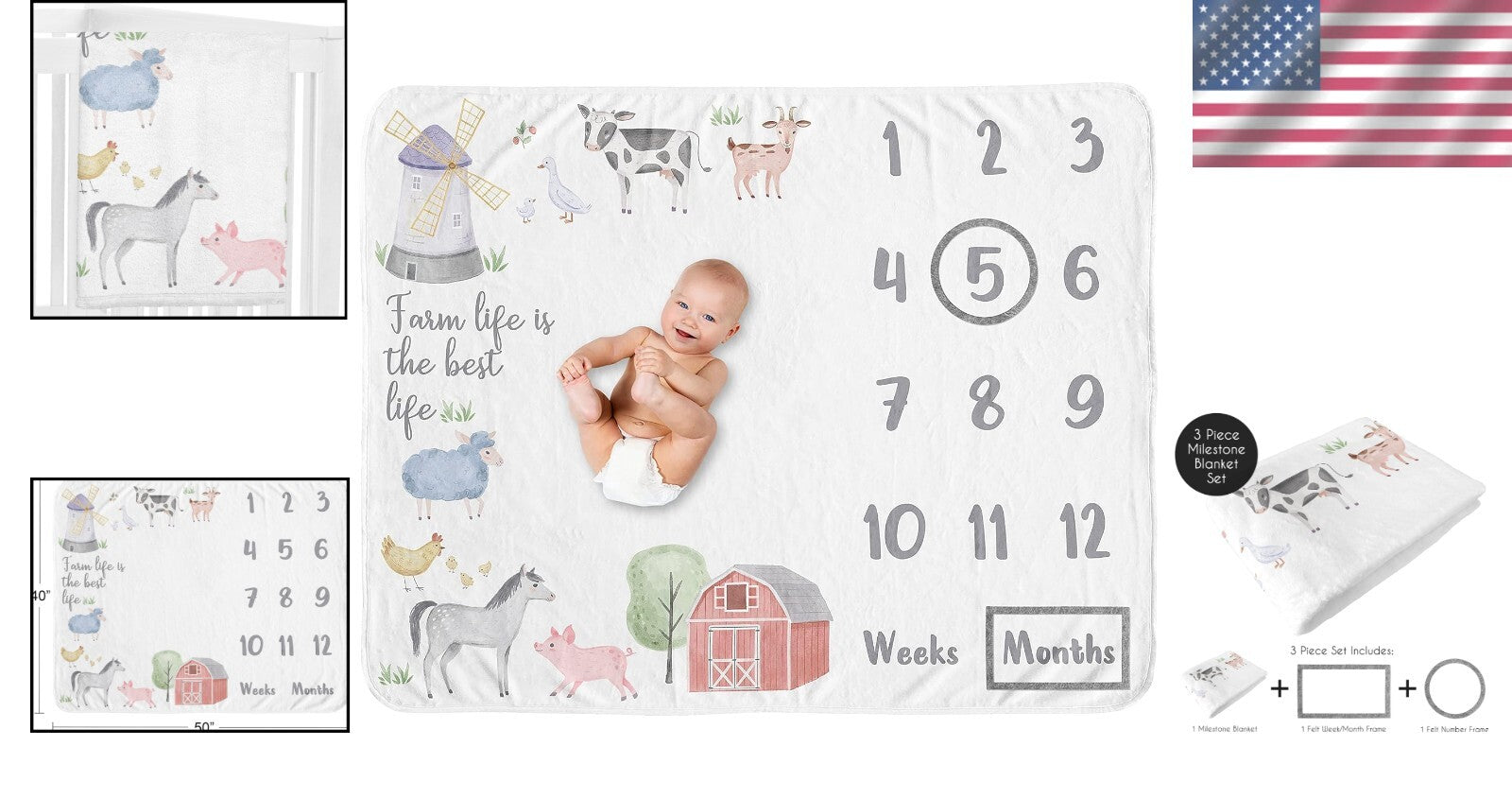 40x50 Minky Fleece Farm Animal Blanket with Photo Frames for Newborn Memories