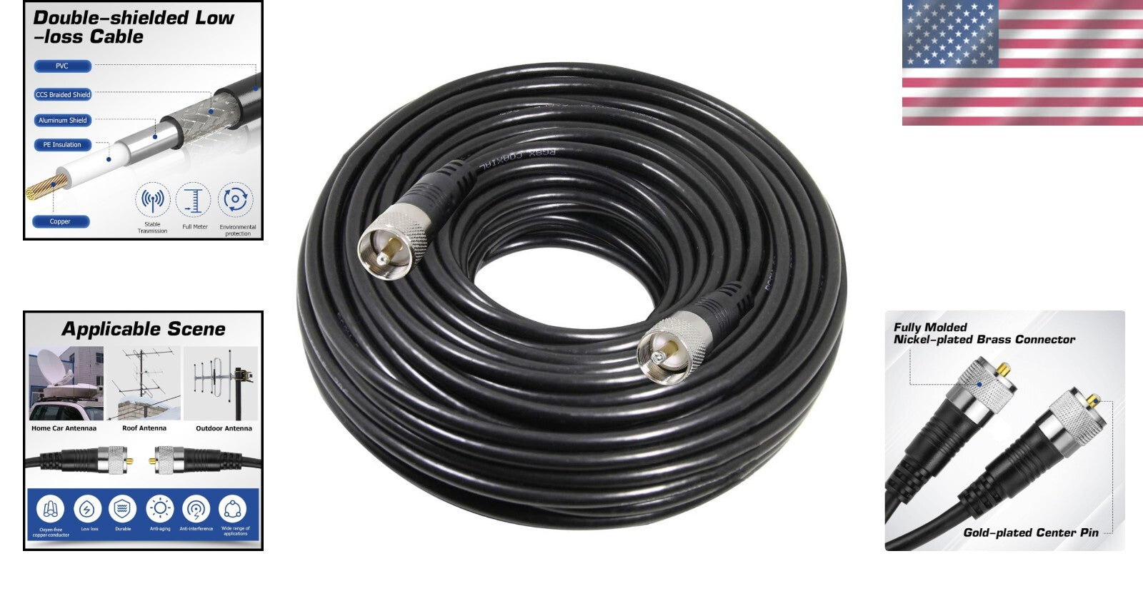 100 ft RG8X Low Loss Coaxial Cable with UHF PL259 Male Connectors for HAM Radio
