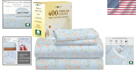 4-Piece Floral Pattern King Sheets Set - 400 Thread Count, Premium Sateen Fabric