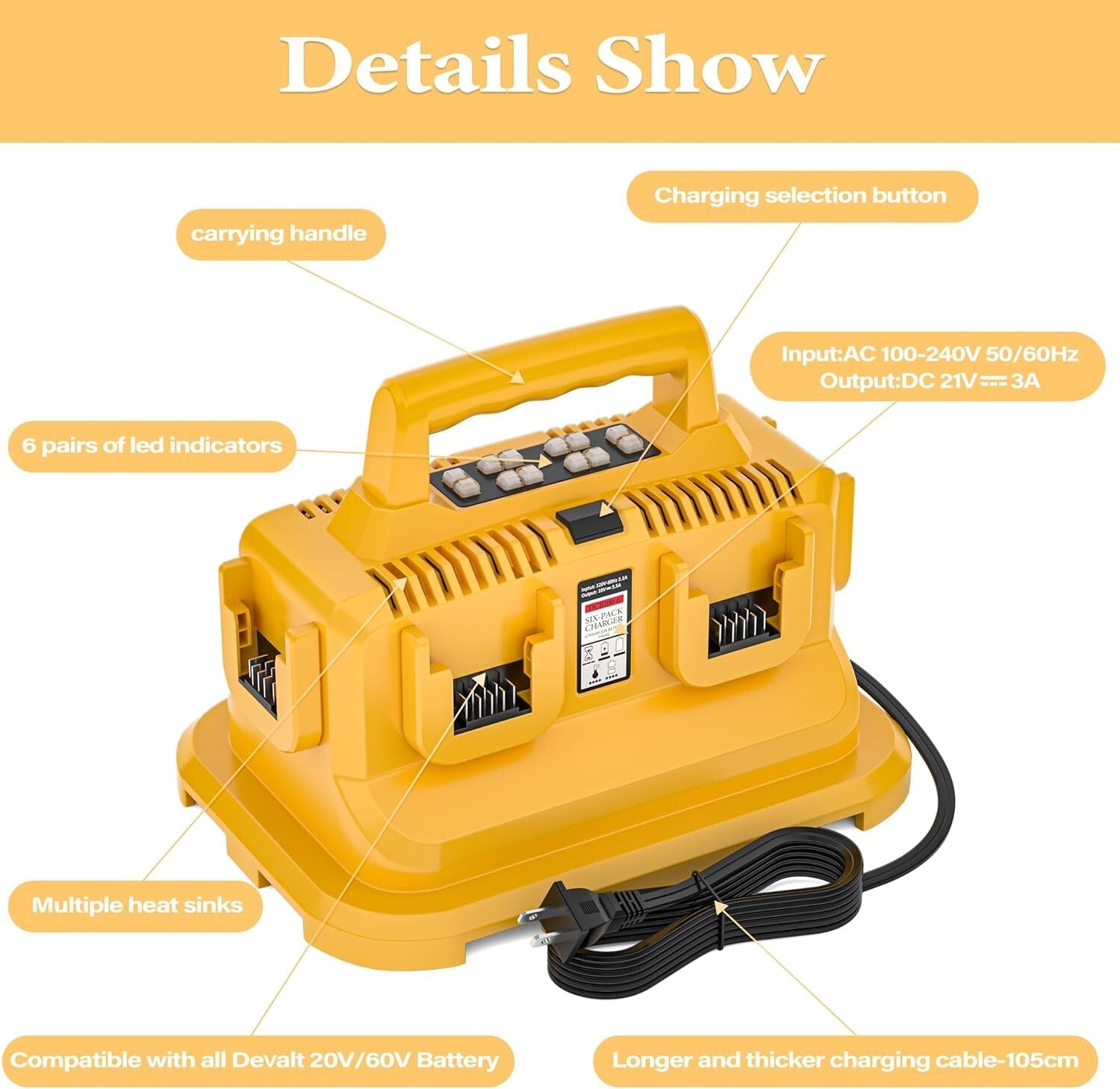 6-Port Rapid Battery Charger Station for Devvalt 20V/60V Batteries - AC 100-240V