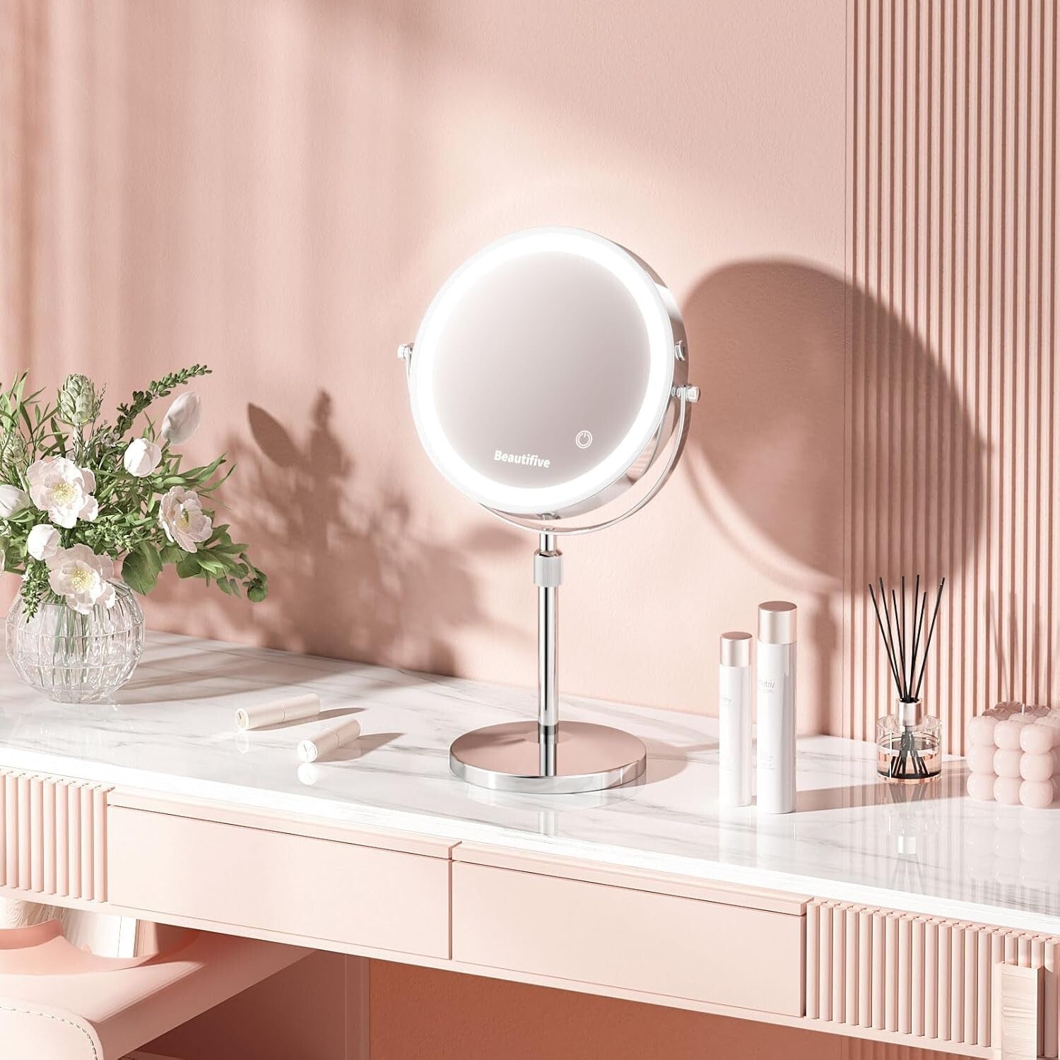 Rechargeable 8” Makeup Mirror with 15X Magnification & Stepless Dimming Light
