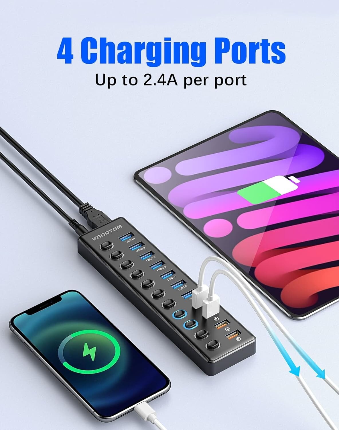 Powered 11-Port USB Hub 3.0 Splitter with Smart Charging & Individual Switches