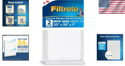 Electrostatic 20x30x1 Filter - 3-Month Premium MERV 13, 2-Pack for Home HVAC