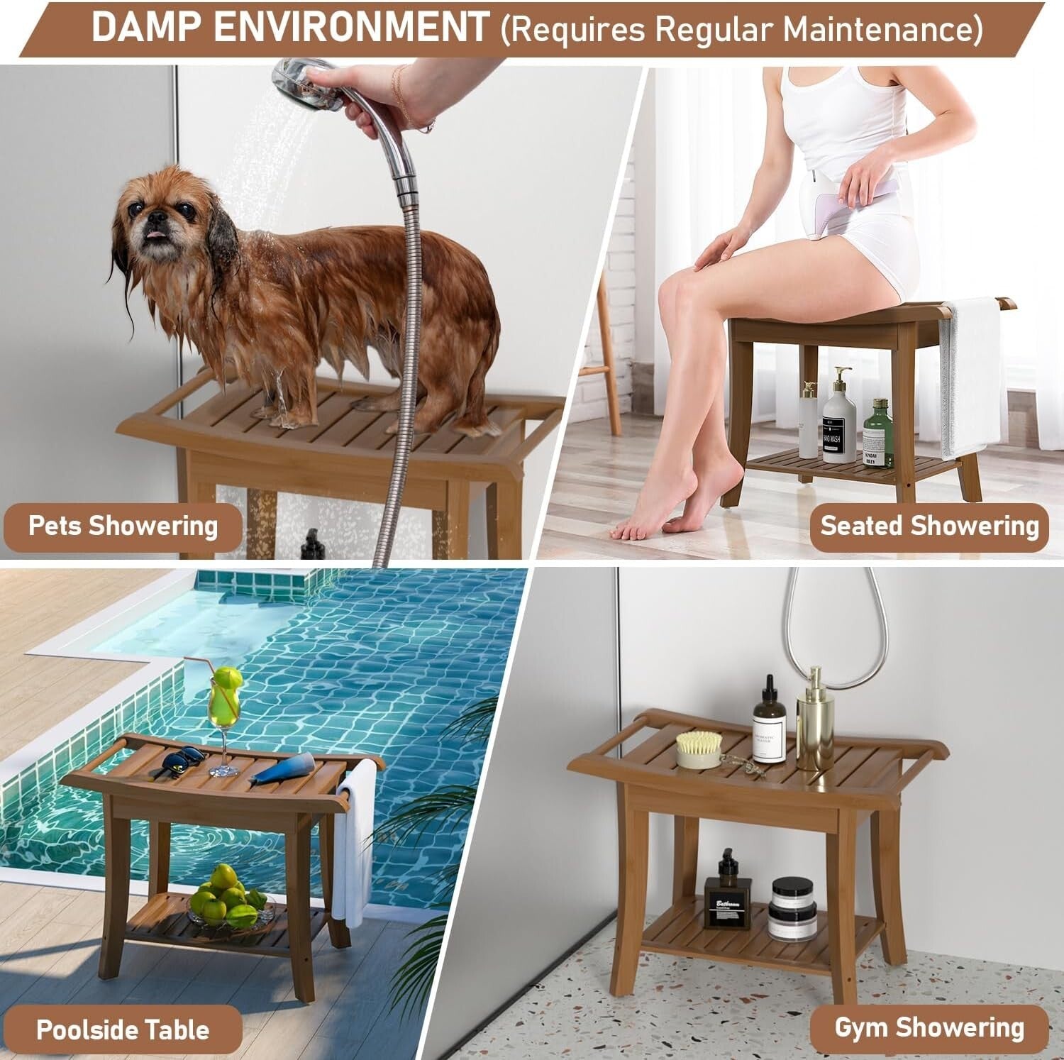 Waterproof Bamboo Shower Stool with Storage Shelf - Elegant Walnut Finish