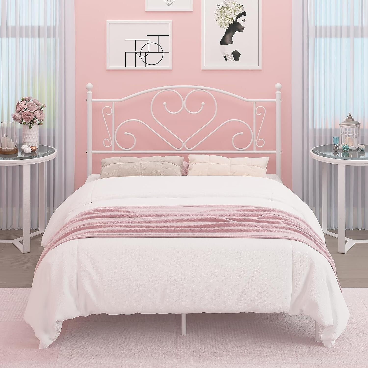 Full Size Bed Frame with Heart-Shaped Headboard & Under-Bed Storage - White