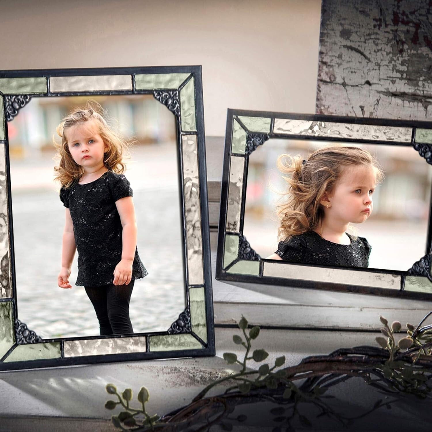 Antique Charcoal Stained Glass Photo Frame - 5x7 Horizontal/Vertical Display