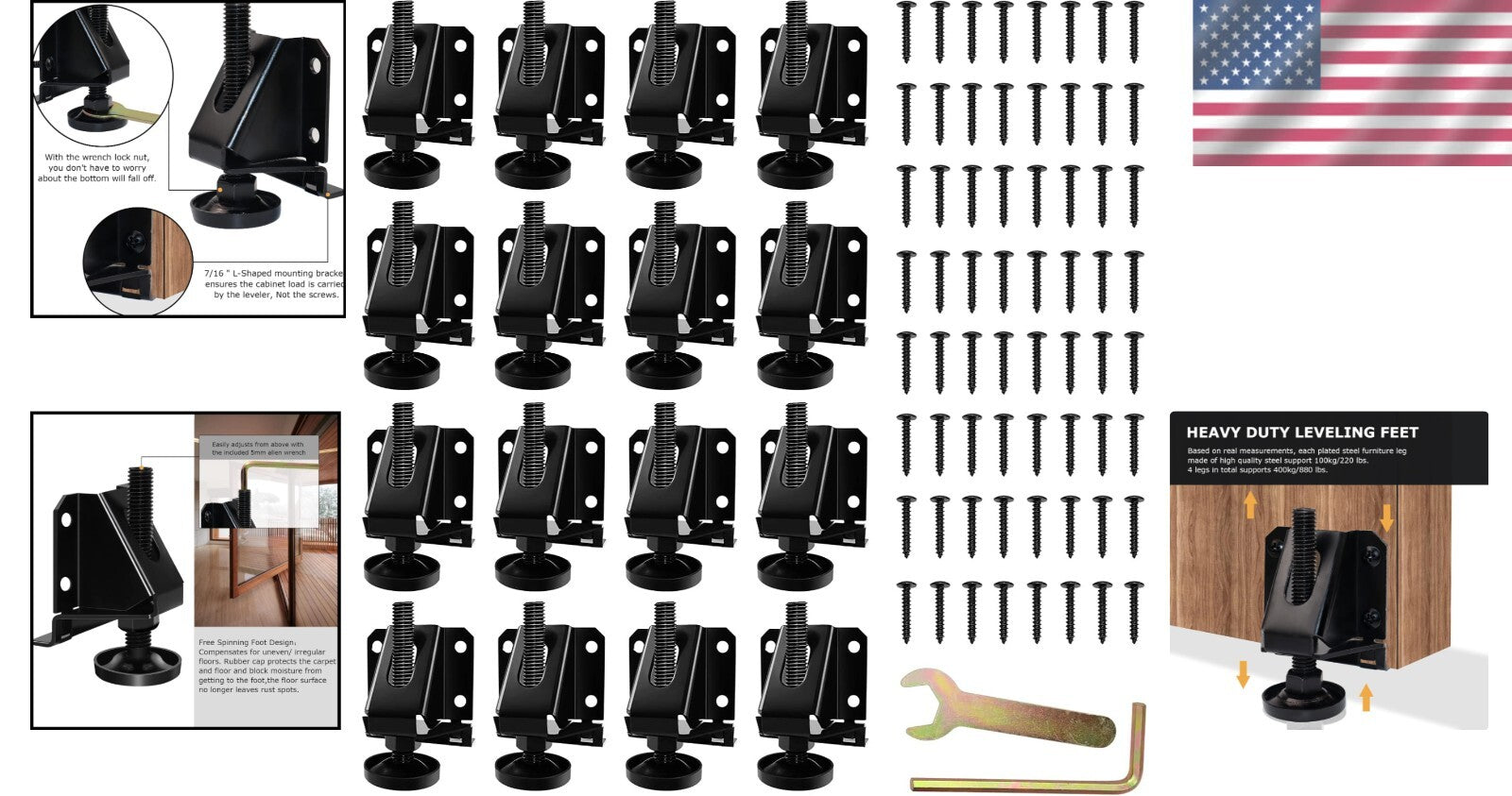 Alloy Steel 16 PCS Furniture Leveling Feet with Rubber Caps for Floor Protection