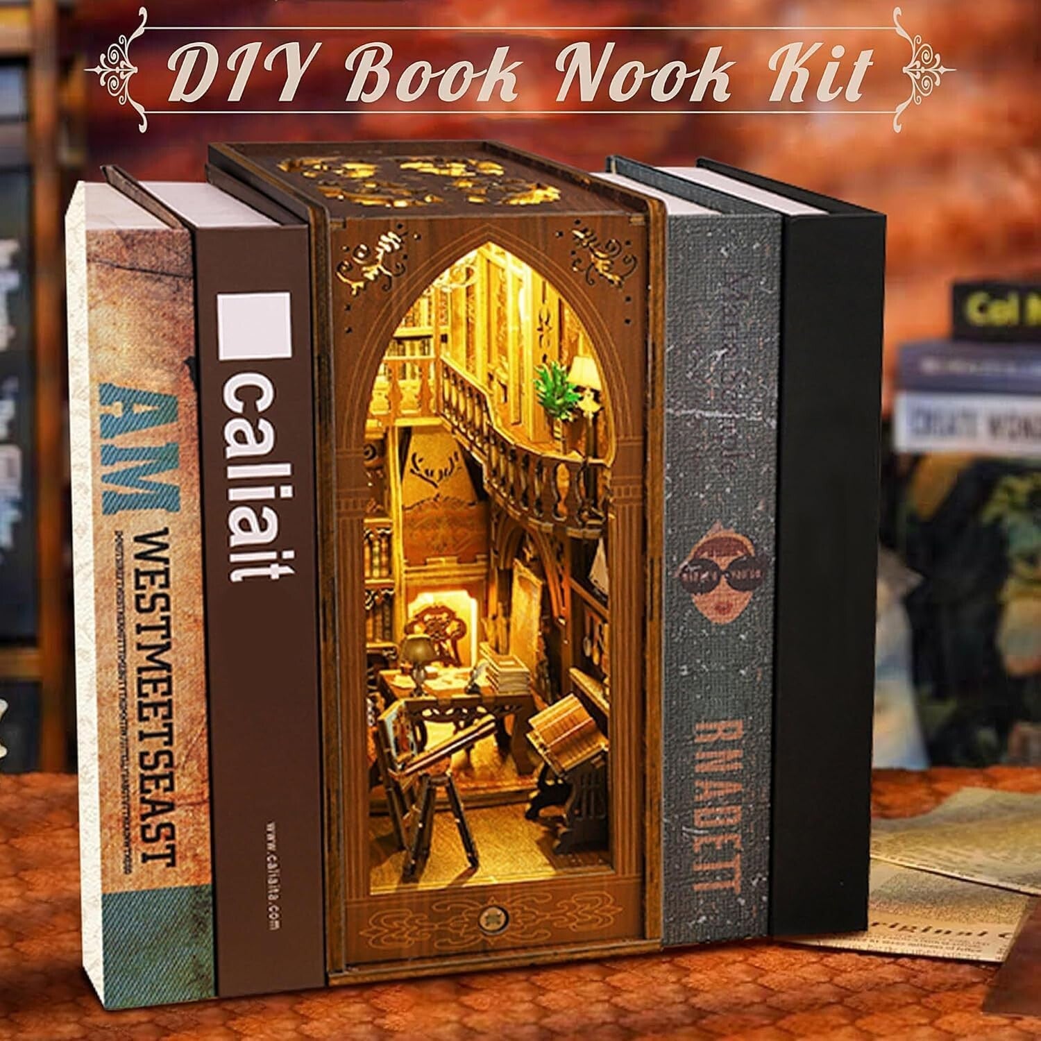 DIY Book Nook Kit: 3D Wooden Puzzle with Sensor LED Light for Elegant Shelves