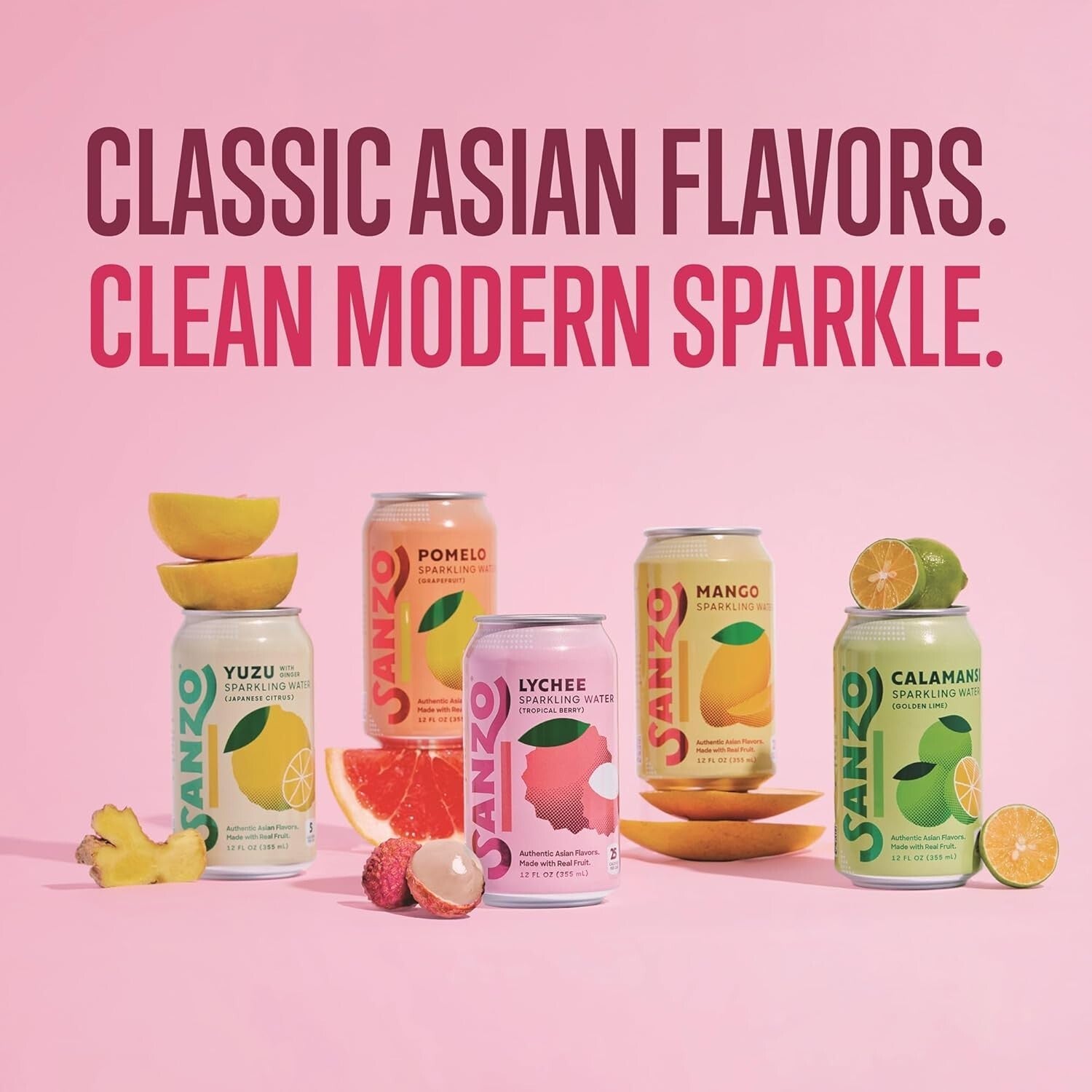 Asian-Inspired Flavored Sparkling Water Variety: 12oz Cans - Vegan & Low Sugar