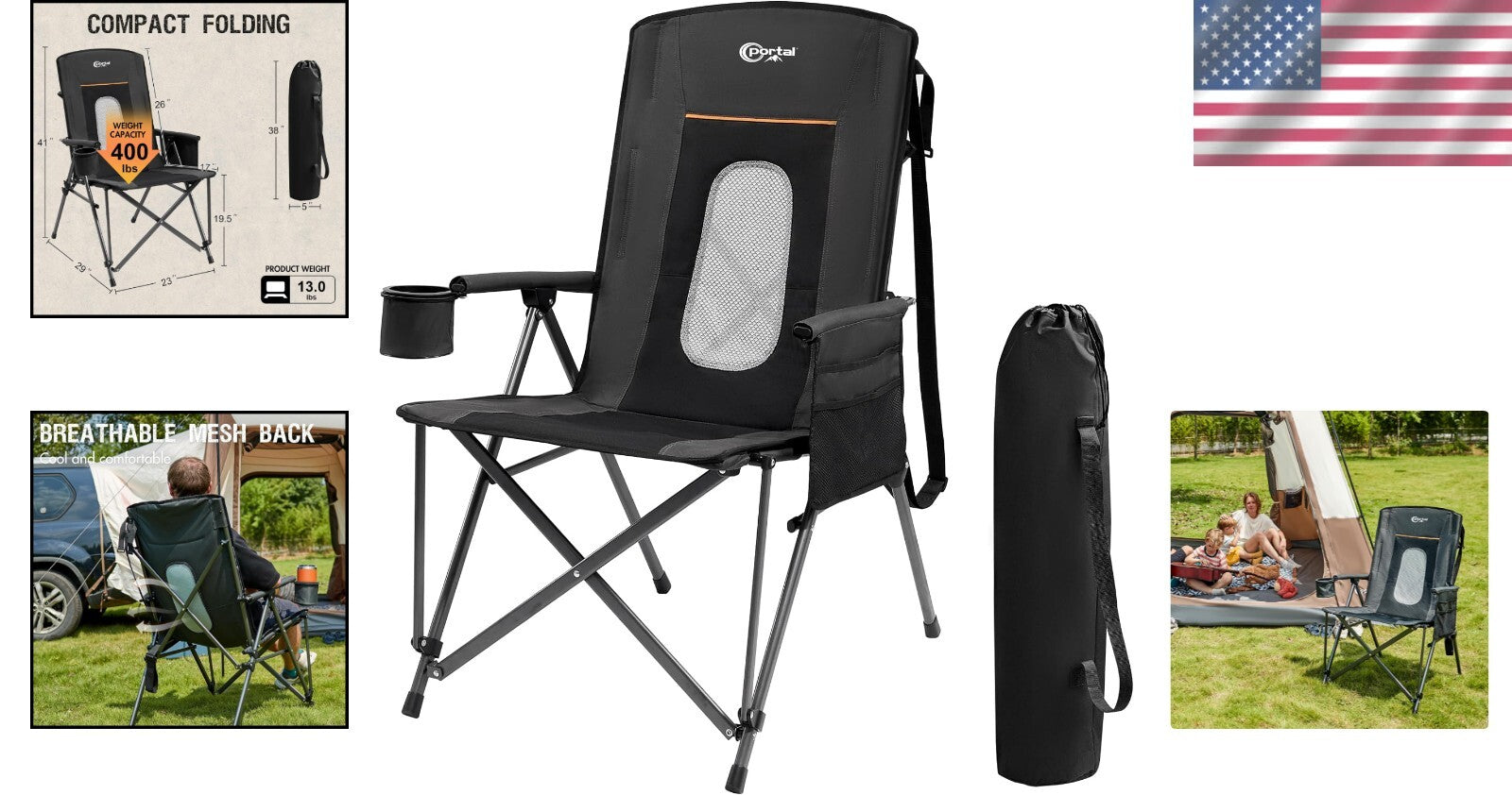 Oversized Heavy-Duty Folding Camping Chair - Supports 400lbs, High Back Comfort