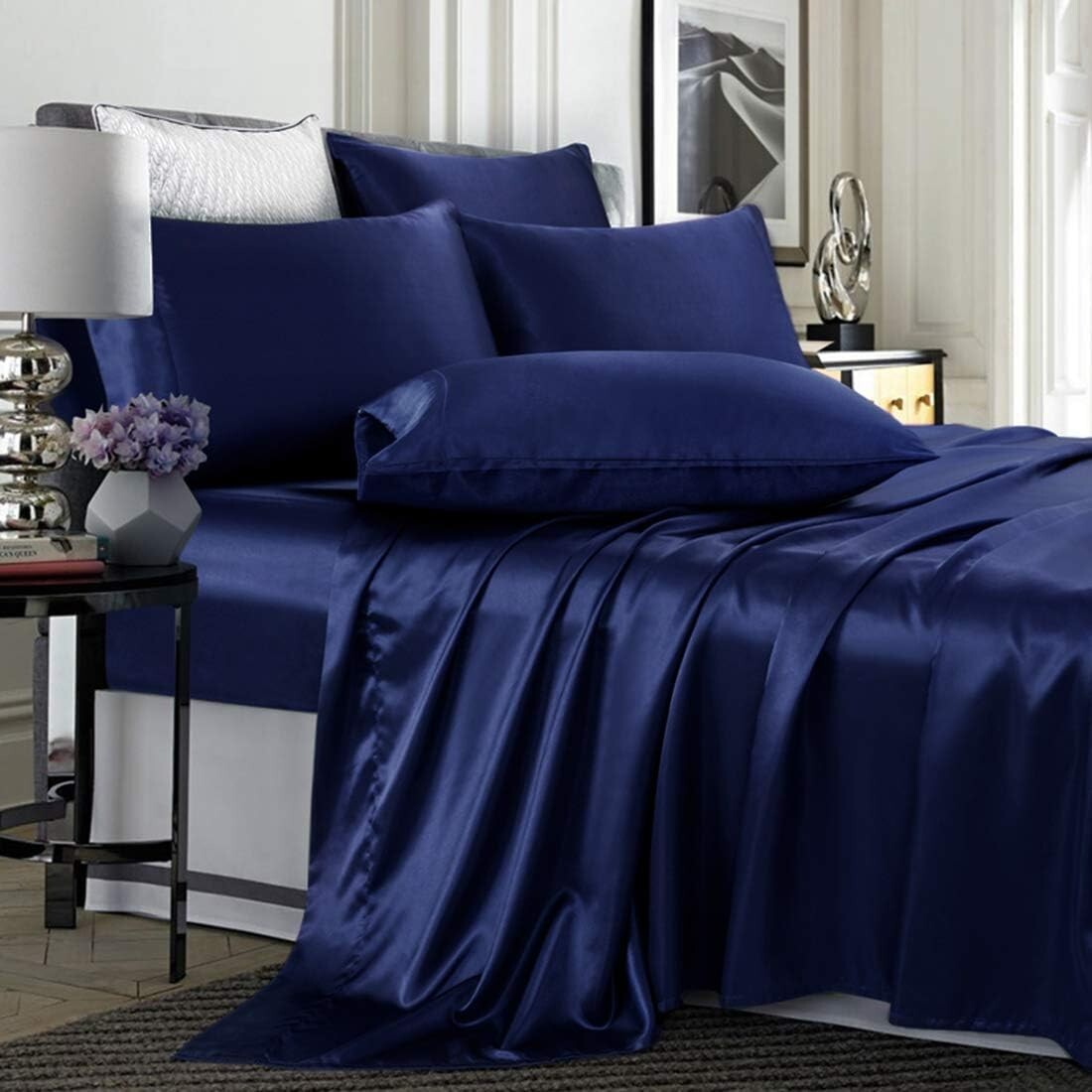 6-Piece Navy Blue King Size Satin Sheet Set - Deep Pocket & Luxurious Comfort