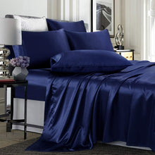 Load image into Gallery viewer, 6-Piece Navy Blue King Size Satin Sheet Set - Deep Pocket &amp; Luxurious Comfort