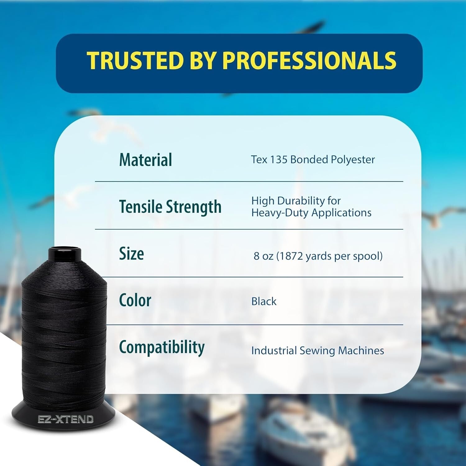 8 oz Heavy-Duty Black Polyester Thread for Outdoor & Marine Sewing Applications