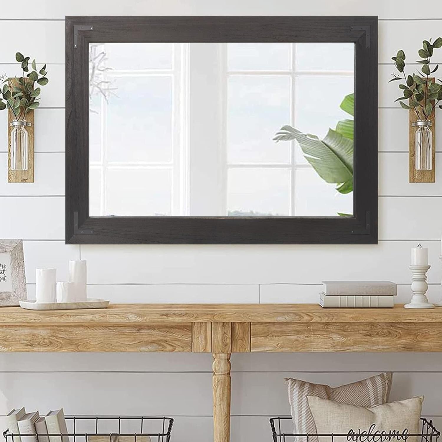 Versatile Rustic Wood Wall Mirror - Horizontal or Vertical Hanging, 60" x 36"