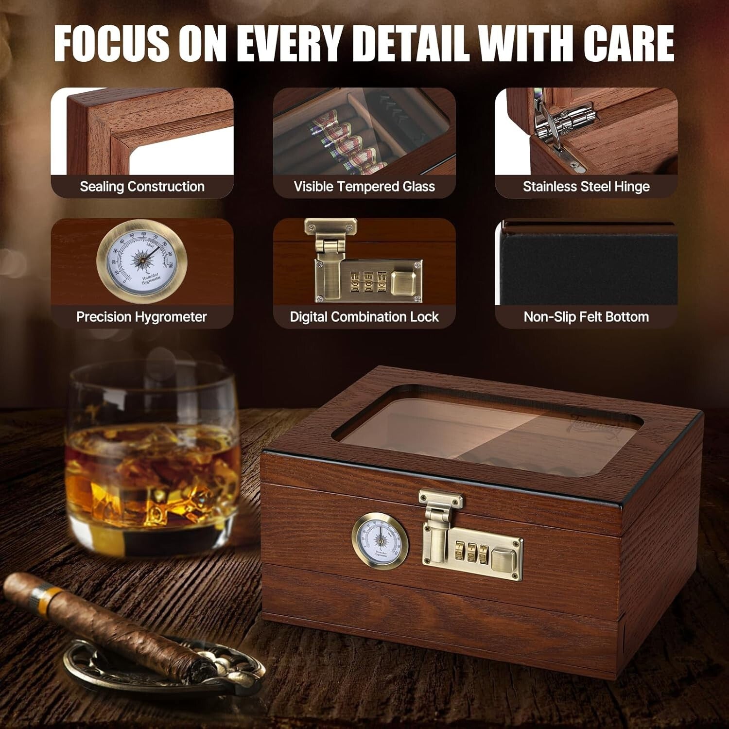 Stylish Desktop Cigar Box with Humidification & Security Features - Perfect Gift