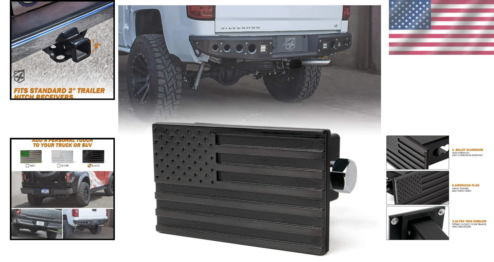 Durable Heavy-Duty Aluminum 2" Trailer Hitch Cover with American Flag Emblem