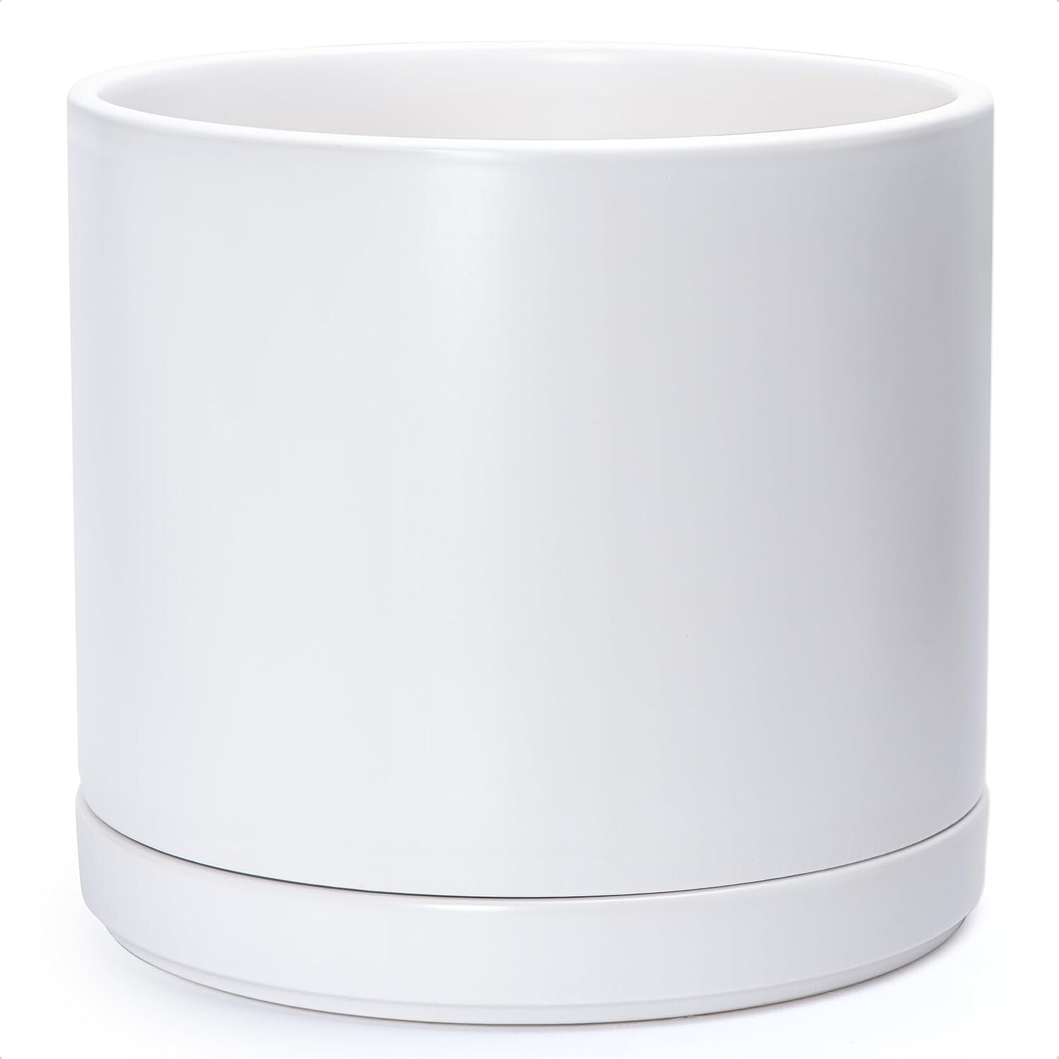 Elegant 14 Inch Ceramic Indoor Planter Pot with Drainage & Saucer - Modern White