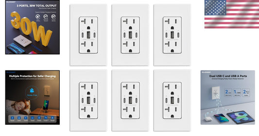 Elegant Matte USB Outlets - 30W 3-Port Charging Solution, UL Listed, 6 Pack