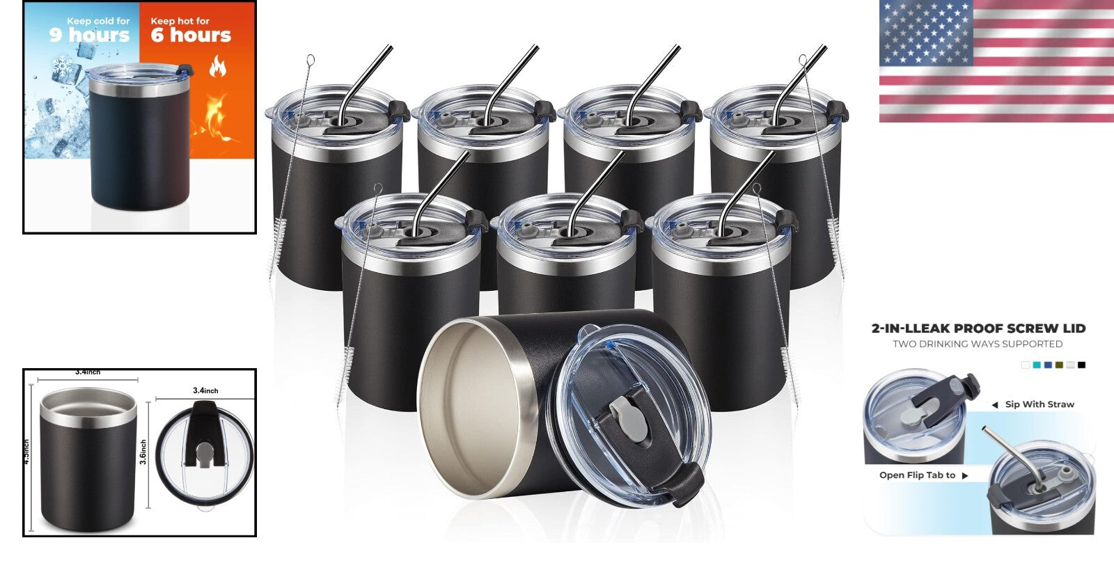 12oz Insulated Stainless Steel Coffee Mugs - 8 Pack, Double Wall & Stylish Black