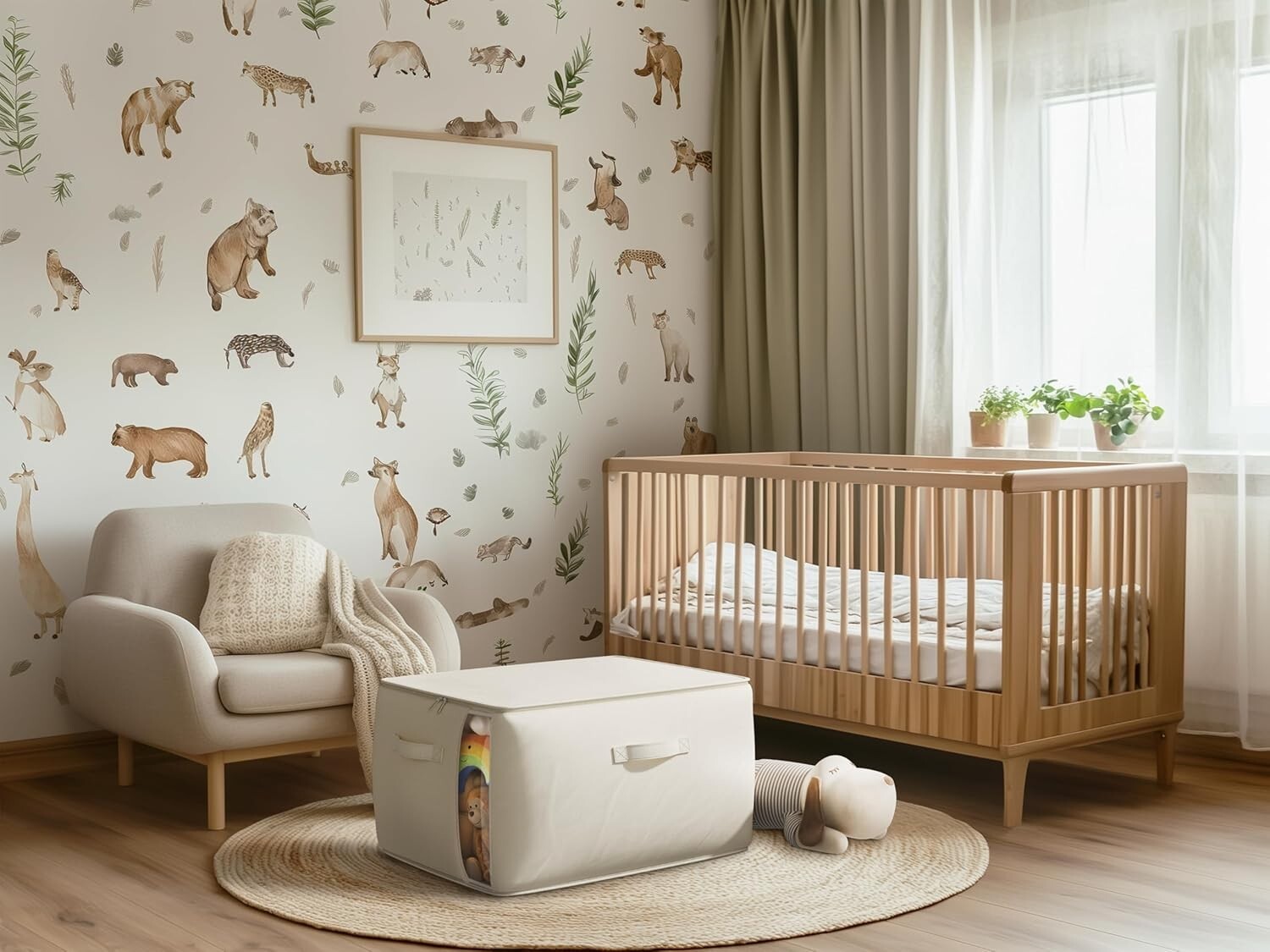 Spacious 70L Foldable Cotton Linen Storage Bags with Zipper & Side Window, Beige