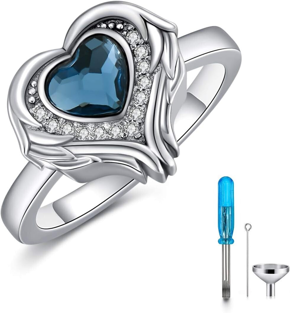 925 Sterling Silver Heart Urn Ring with Blue Crystals - Keepsake for Loved Ones