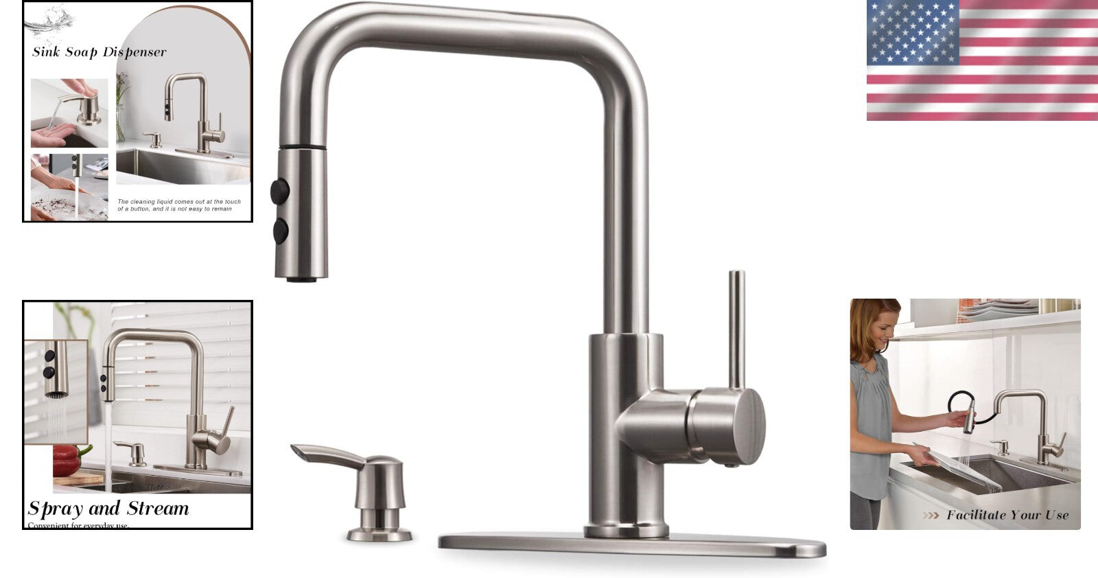 Eco-Friendly Kitchen Sink Faucet with Pull Out Sprayer & Stylish Soap Dispenser