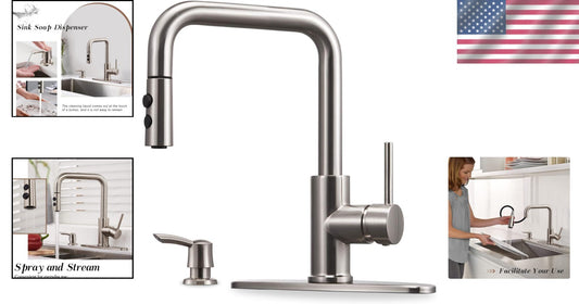 Eco-Friendly Kitchen Sink Faucet with Pull Out Sprayer & Stylish Soap Dispenser