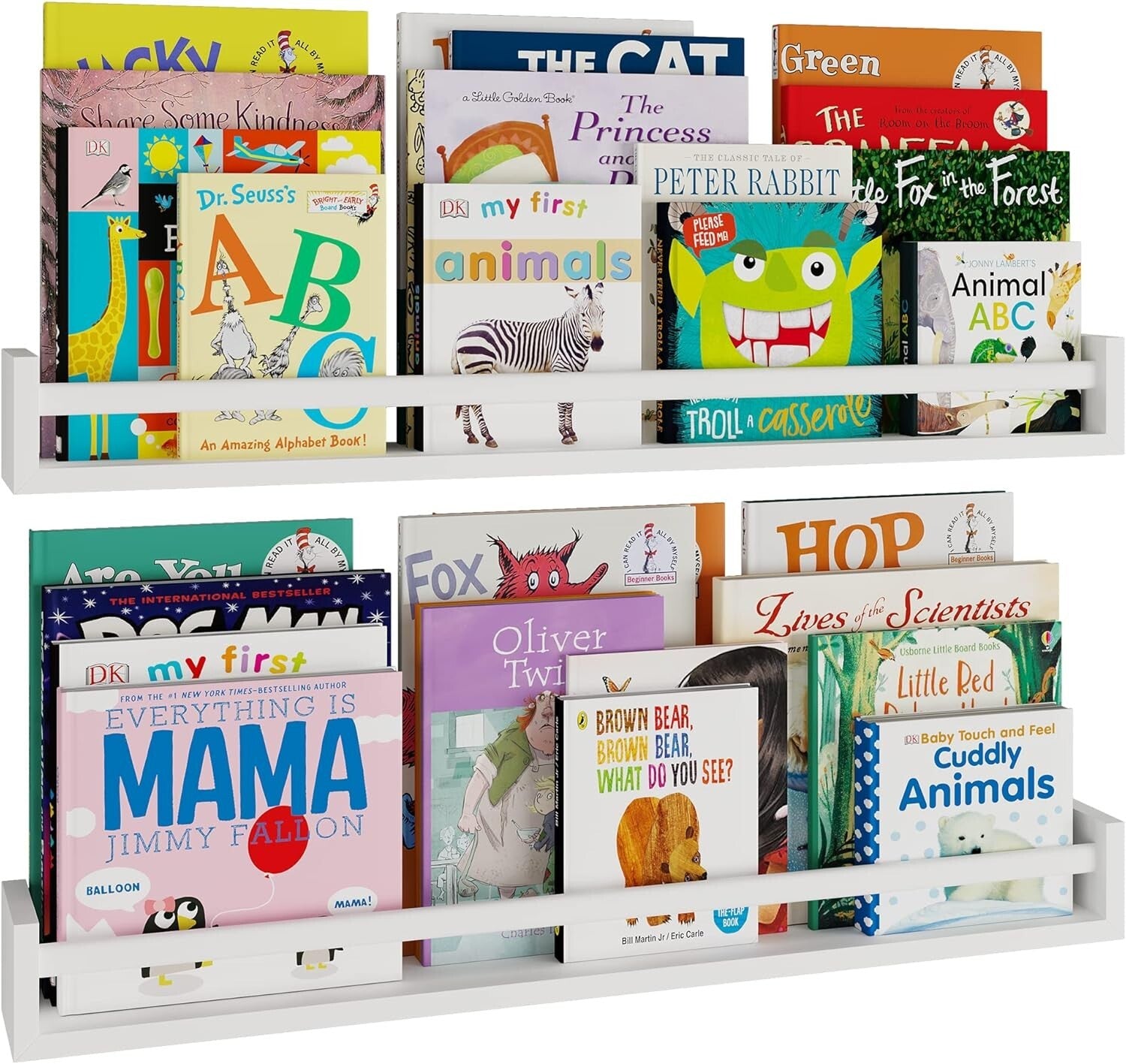 32" Wood Floating Bookshelves with Safety Rails for Toddler's Room - Set of 2
