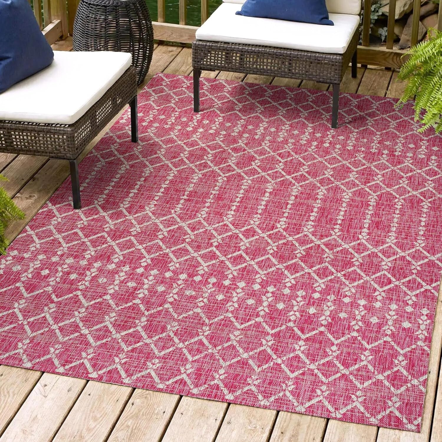 Stylish Fuchsia/Gray Outdoor Rug – 4x6 Low Pile, Stain Resistant & Pet Friendly