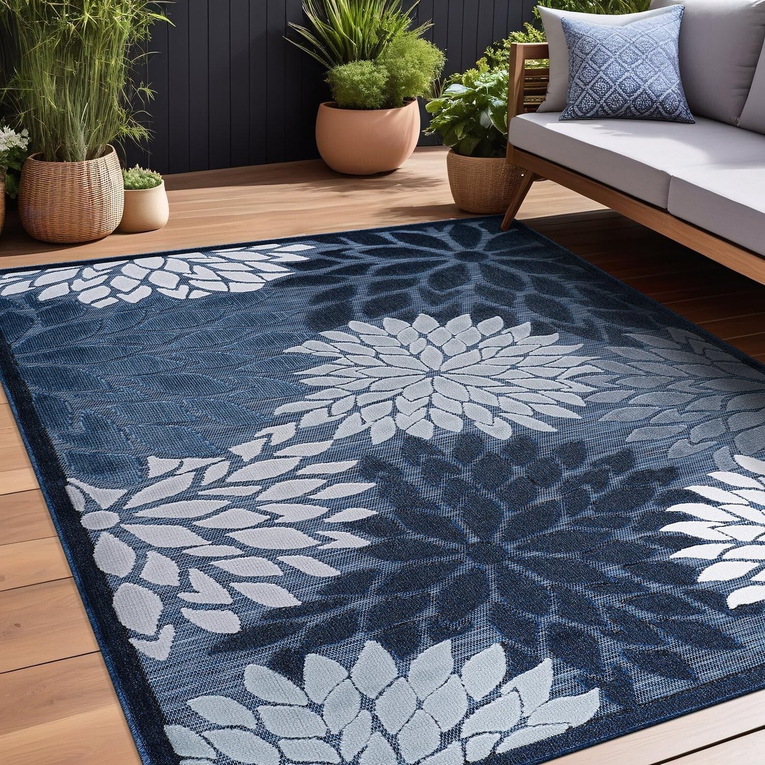 Stain Resistant Navy Blue Floral Area Rug 6x9 for Indoor & Outdoor Elegance