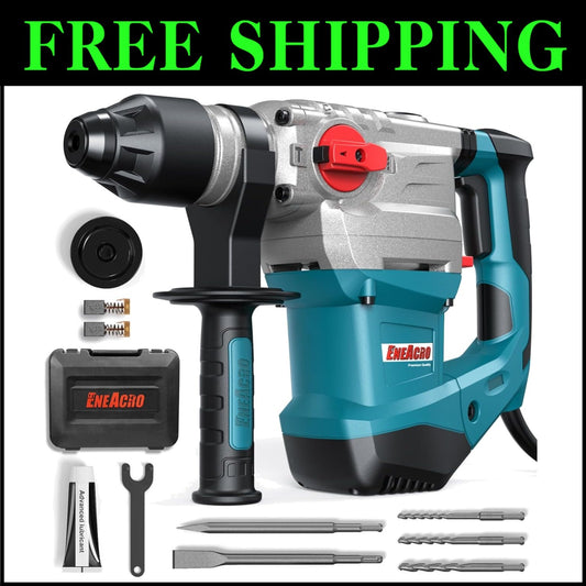 Industrial 13 Amp Rotary Hammer Drill with 4 Functions, Bits & Comfortable Grip