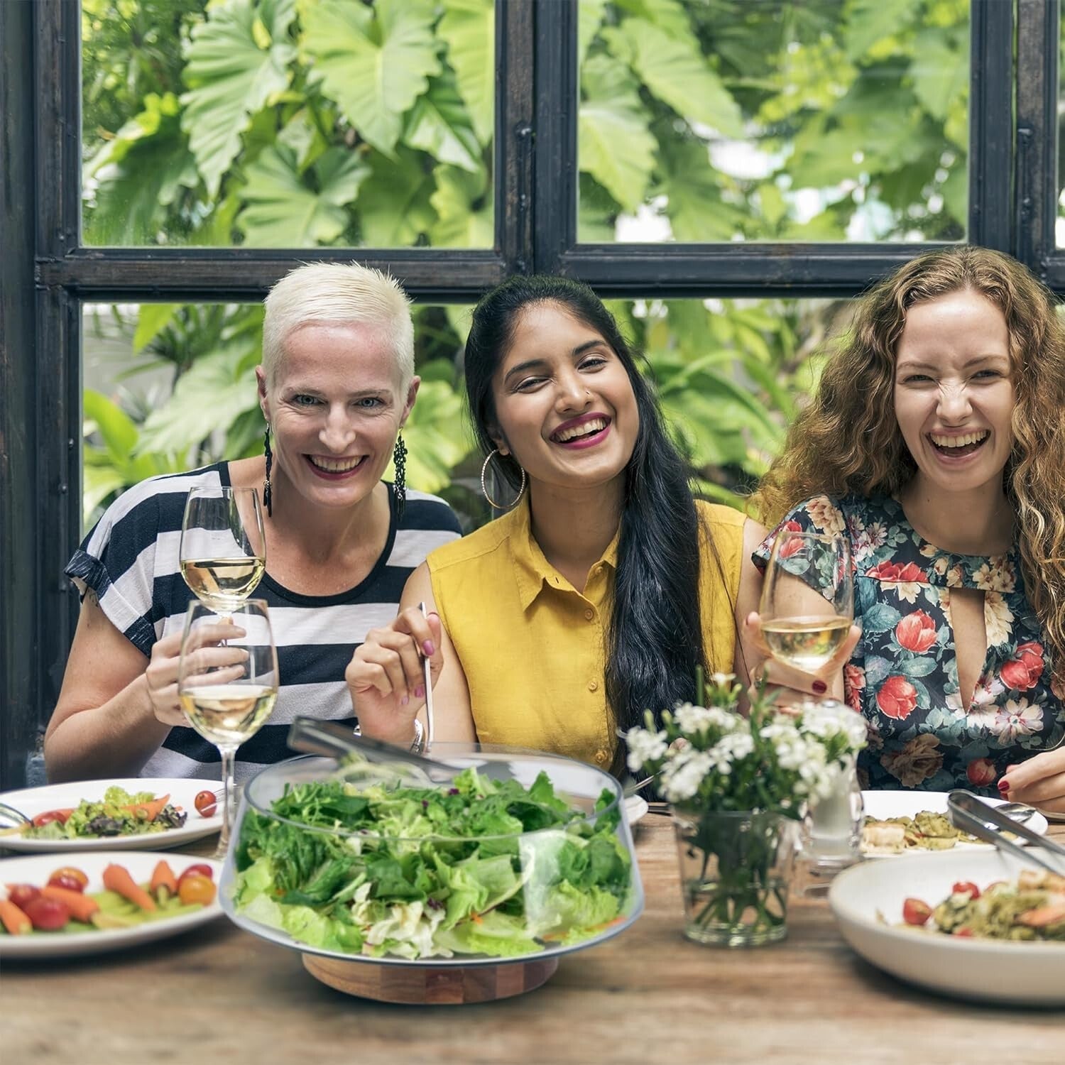 Classic Extra Large Glass Salad Bowl with Serving Utensils and Acacia Wood Stand